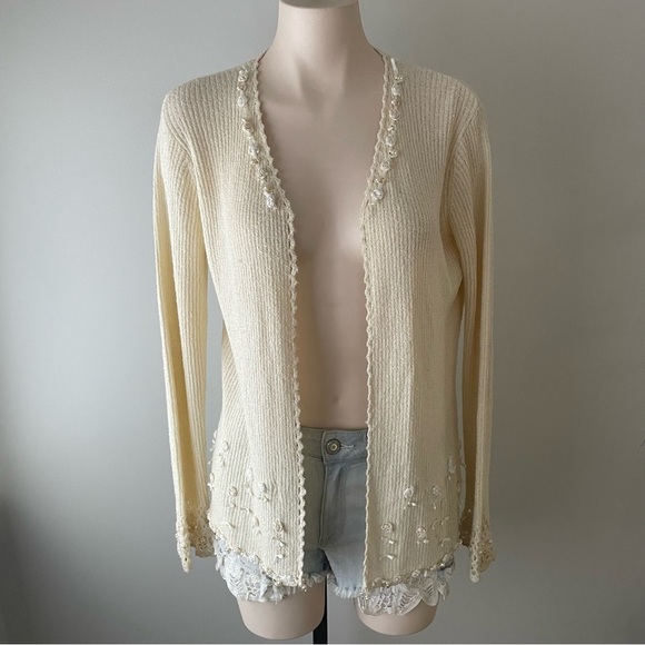 Vintage Sweaters - Vintage April Cornell Open Embellished Beaded Faux Pearl Knit Cardigan Granny